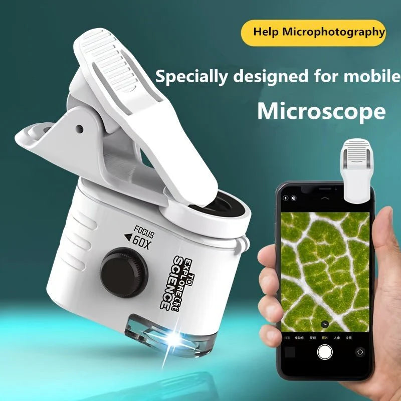 Mini Mobile Phone Microscope, 60x Pocket Microscope, Handheld Portable LED Lighted Magnification Endoscope With A Mobile Phone Adapter Clip